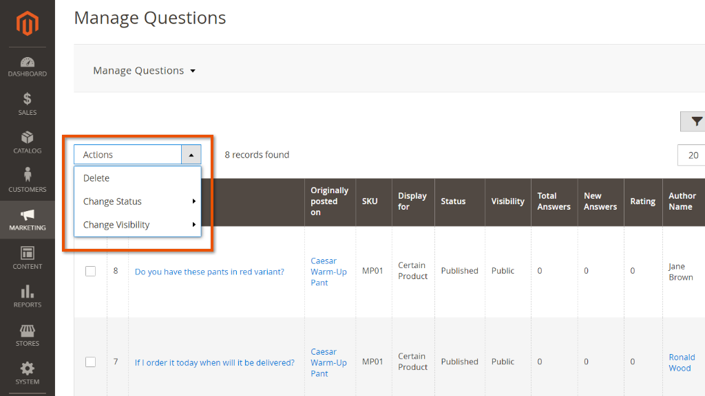 Actions box | Product Questions for Magento 2