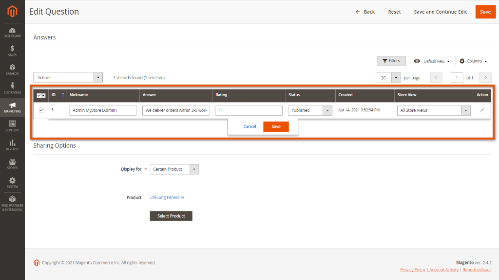 Answer tab | Product Questions for Magento 2