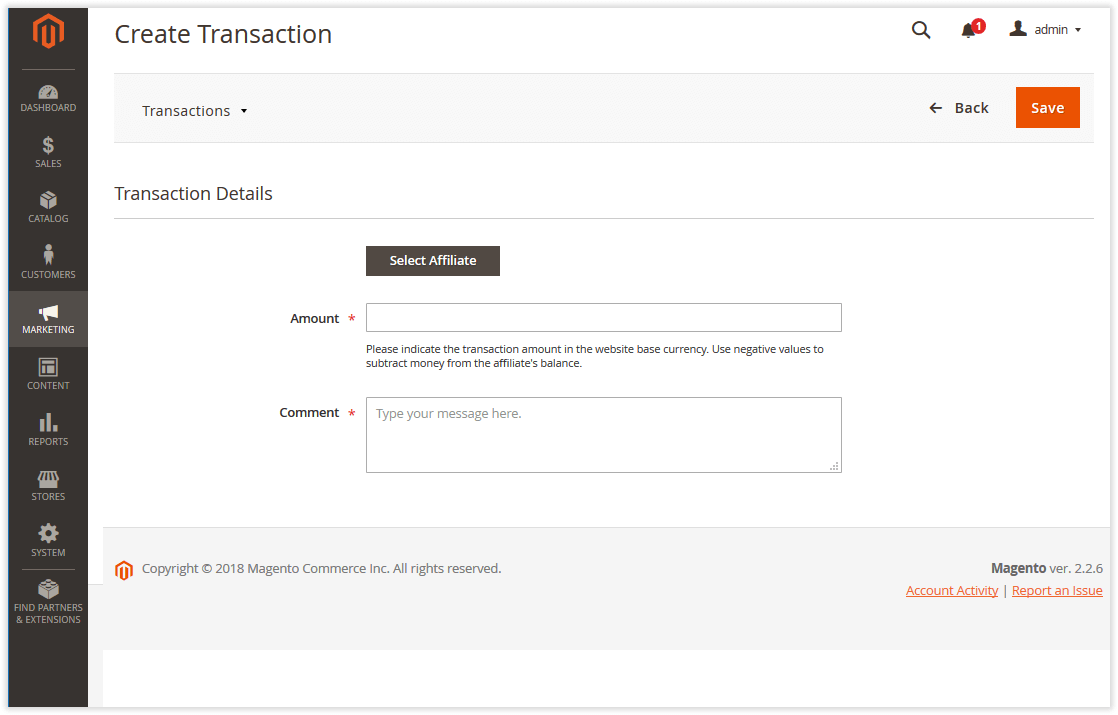 Creating/Editing Transactions | Affiliate for Magento 2