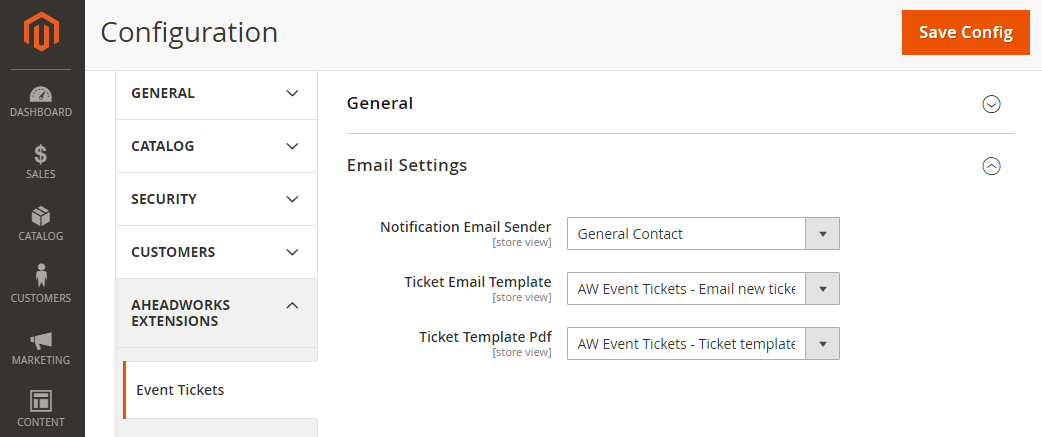 Email Settings | Event Tickets for Magento 2