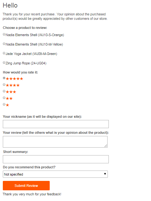 Email Review Submission Form | Advanced Reviews for Magento 2