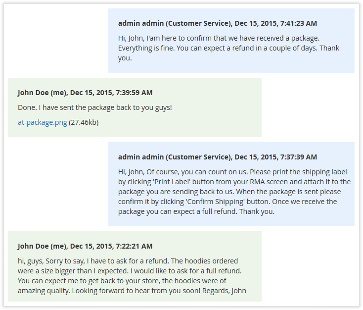 Customer and admin messages | RMA for Magento 2