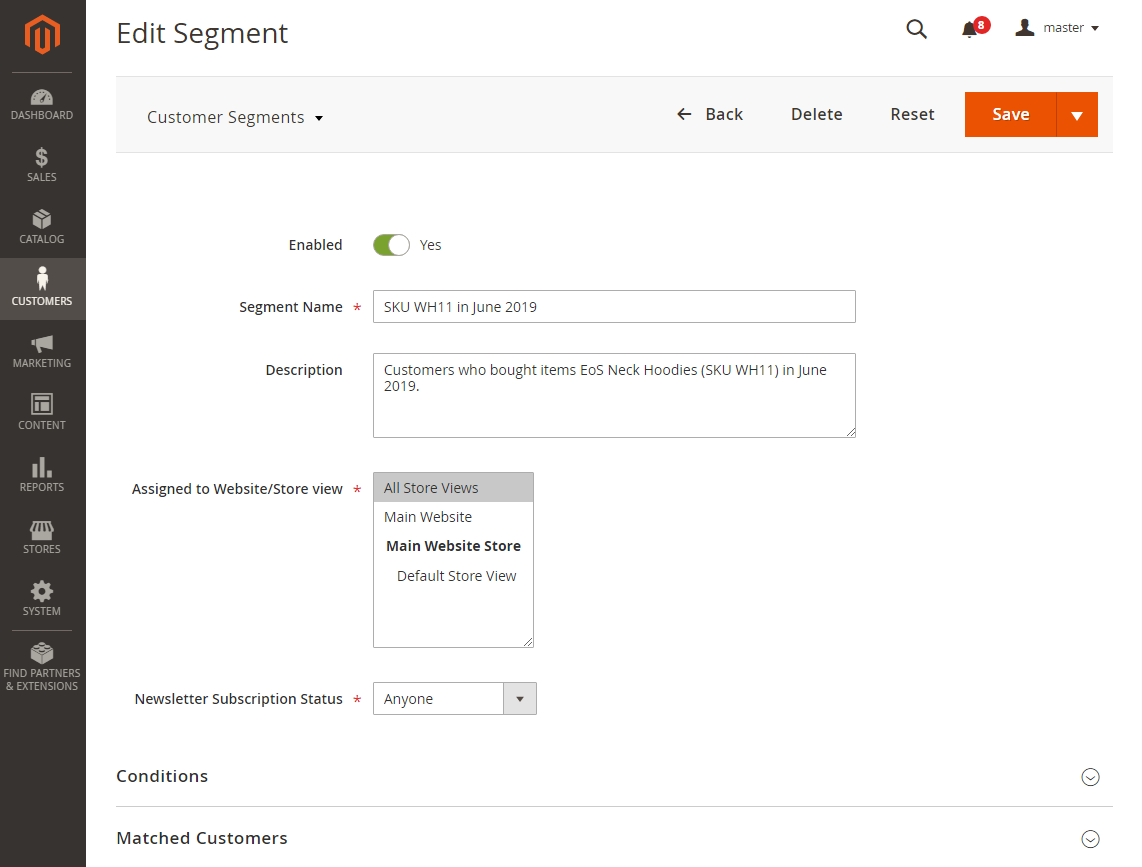 New Segment and Edit Segment Pages | Customer Segmentation for Magento 2