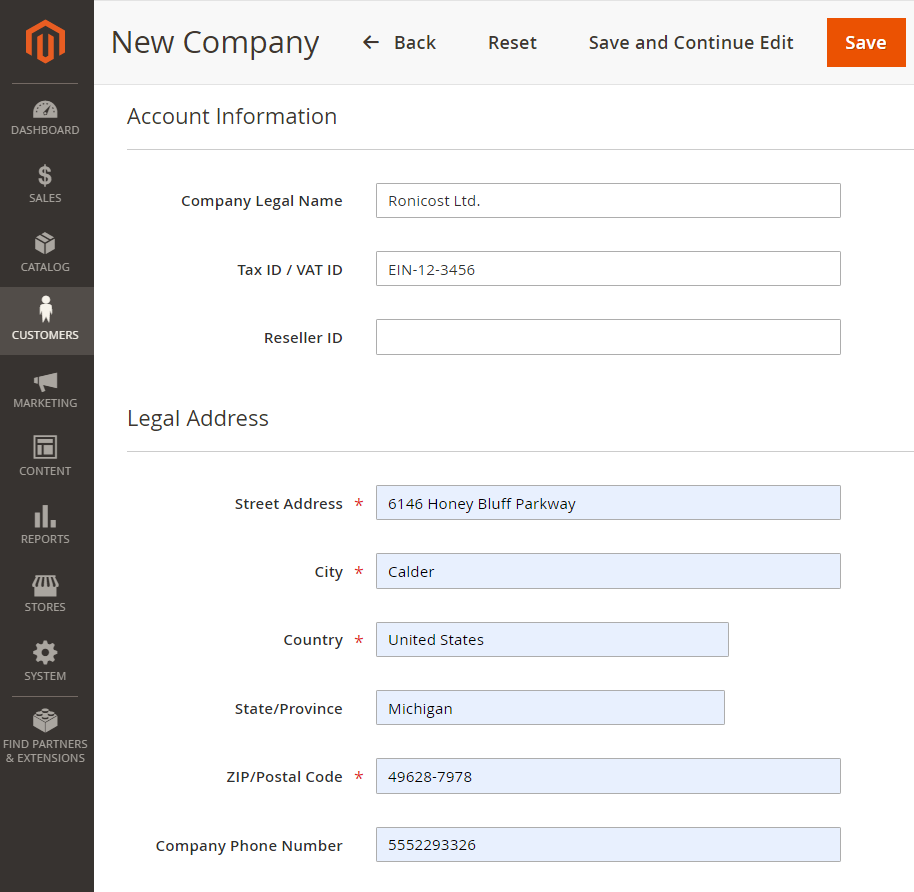 New company | Company Accounts for Magento 2