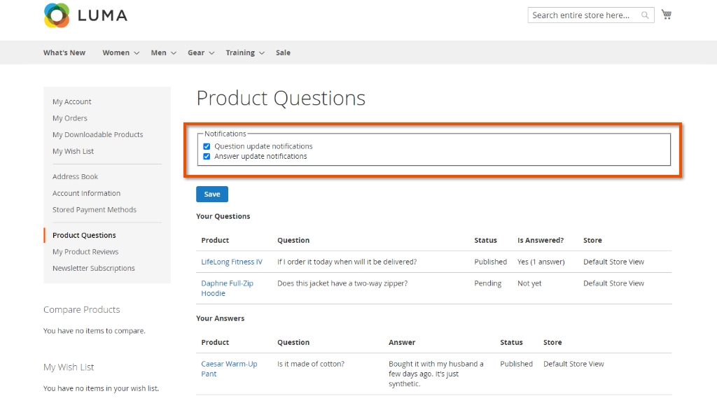 Customer Account | Product Questions for Magento 2